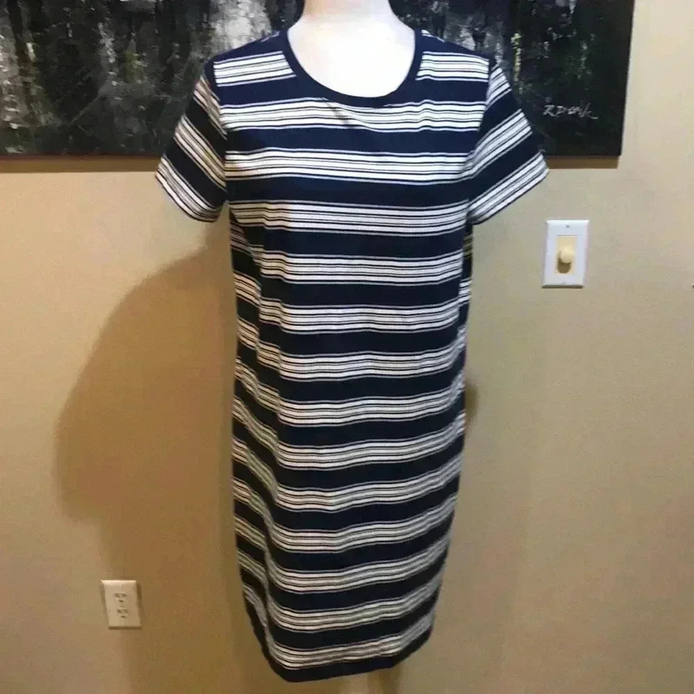 St John's Bay Nautical Crew Neck T Shirt Blue and White Striped Dress-Size XL